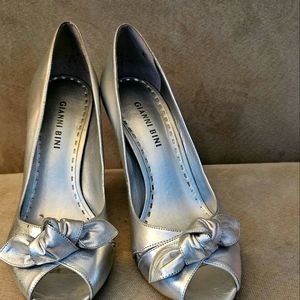 Silver peep toe heels